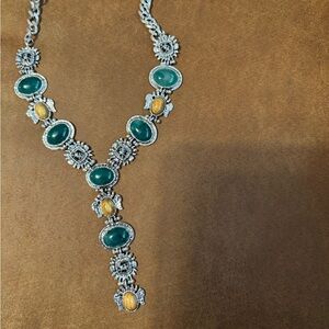 Chic Silver and Green Necklace with Yellow Accents. Fashion Statement Style